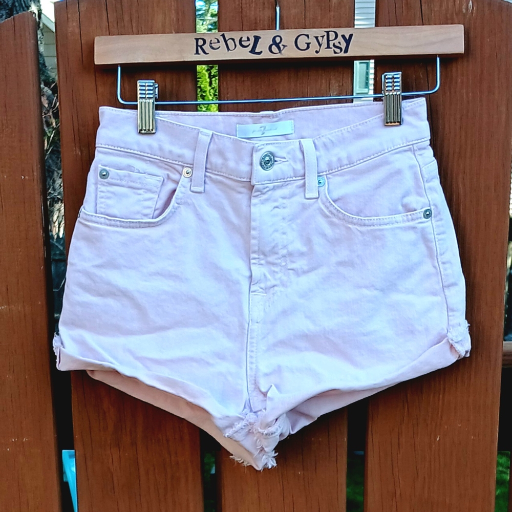 7 For All Mankind Pink DenimJean Shorts Size 25 Frayed Hem Mid Rise